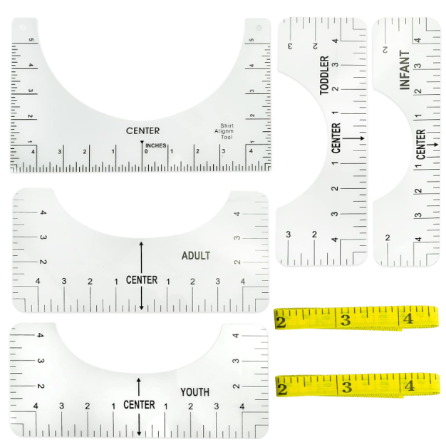 5 Pcs T-Shirt Alignment Tools with 2 * Measure Tape Tshirt Ruler Guide T-Shirt Centering Tool 5 Sizes T-Shirt Alignment Ruler Set with Clothing Size Chart